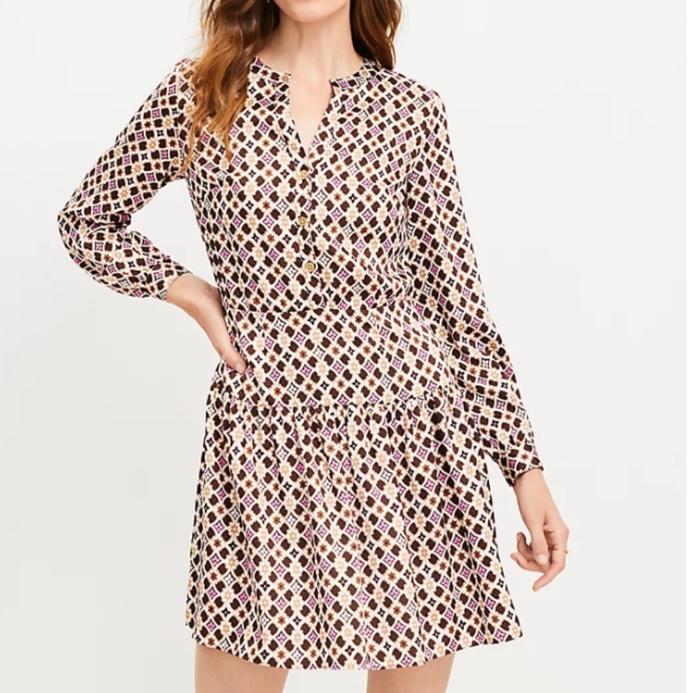 Loft Geo Split Neck Flare Dress
